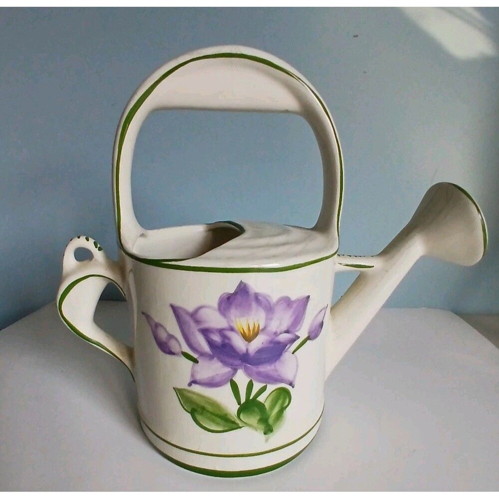 Vtg Hand Painted Ceramic Watering Can Portugal Pottery Vase  9.25” Purple Flower